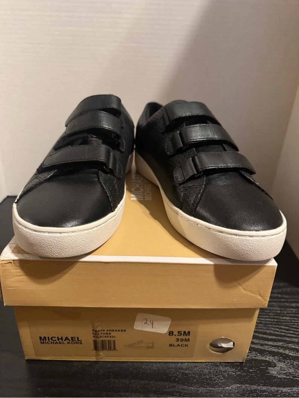 MICHAEL Michael Kors Womens Black Velcro Sneakers with White Trim